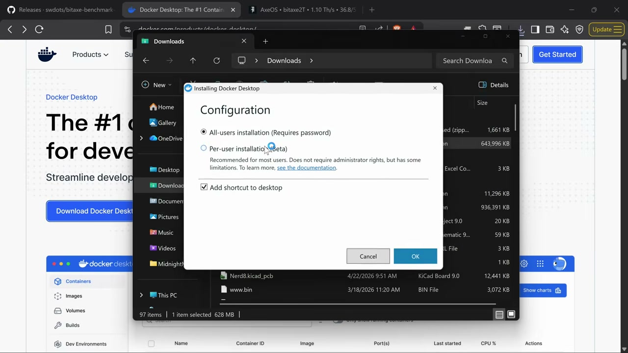 Docker Desktop installation configuration dialog