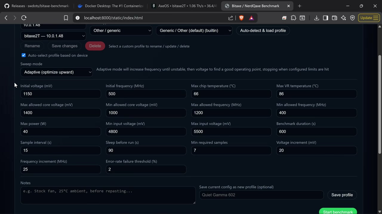 Benchmark parameters configuration interface