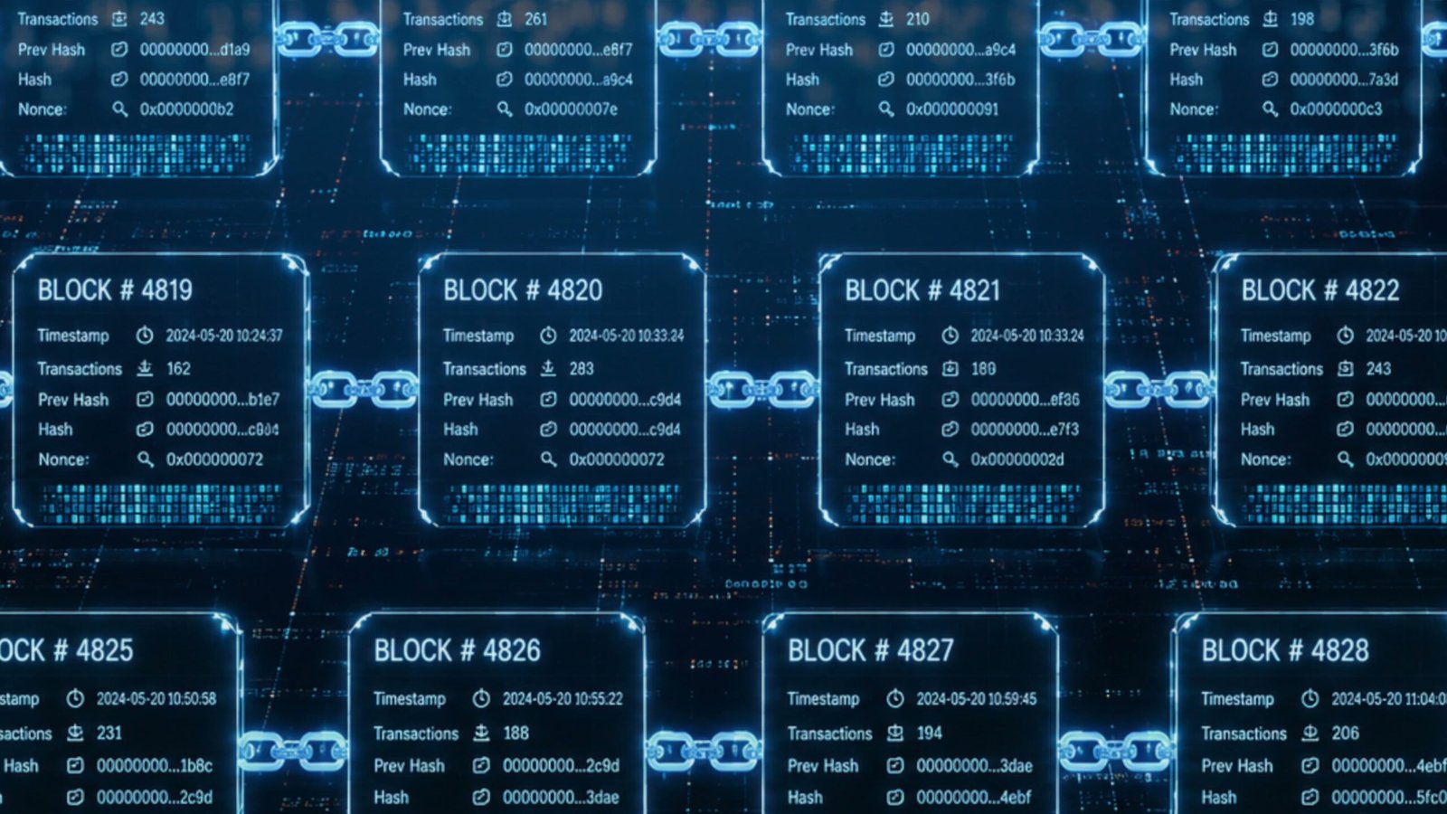 Blockchain explorer showing multiple transaction blocks