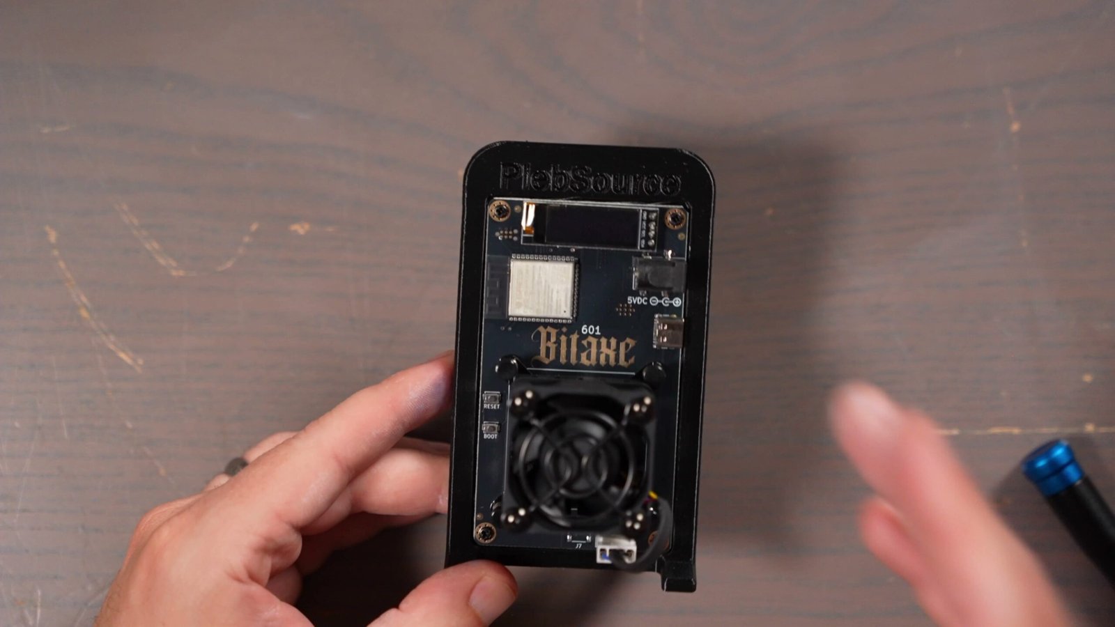 Bitaxe 601 unit with cooler attached, backside view