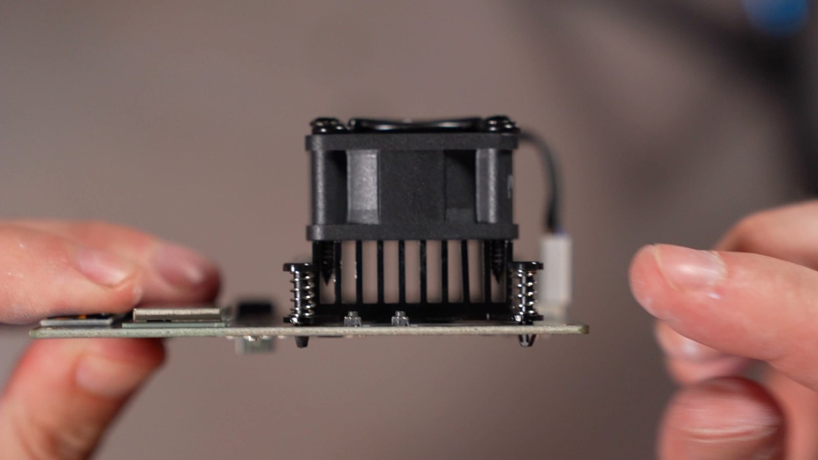 Close-up of ASIC chip with attached cooling fins