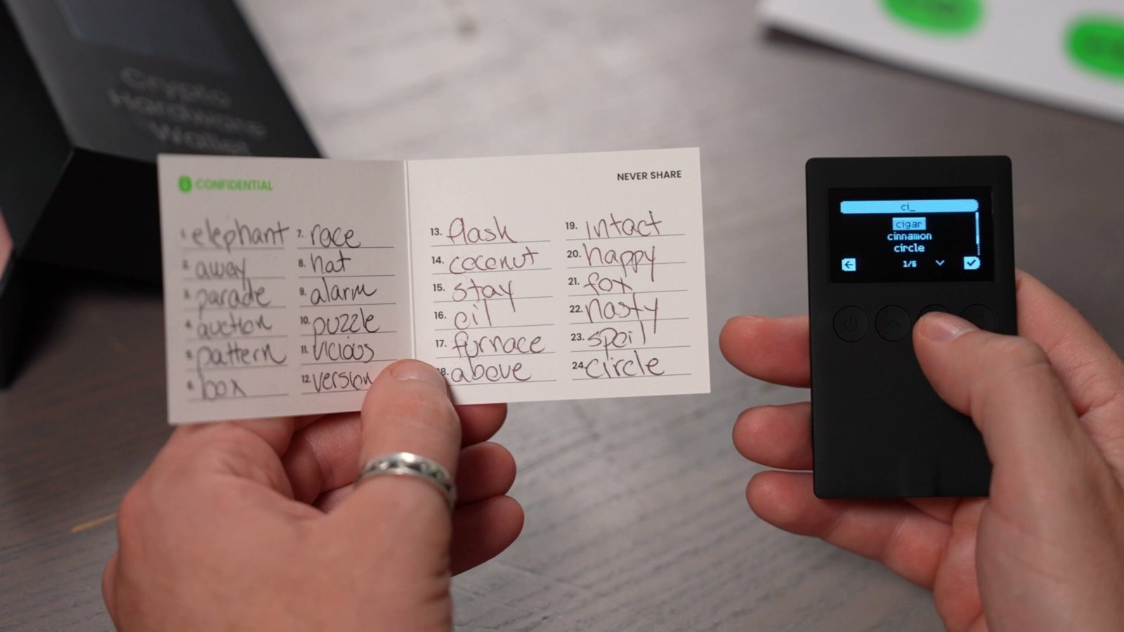 Confidential recovery phrase card with word list