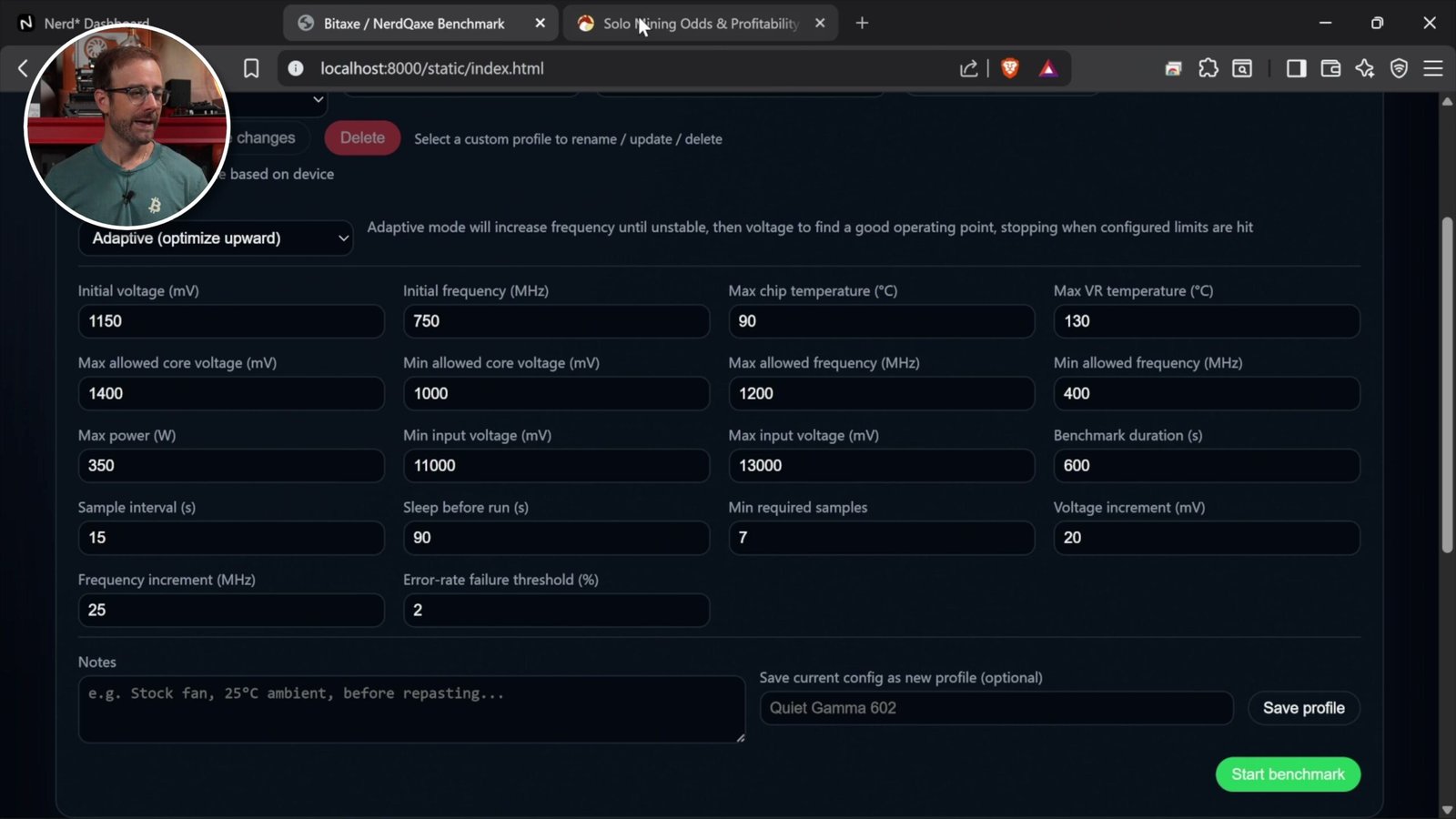 Adaptive profile settings with voltage, frequency, temperature limits