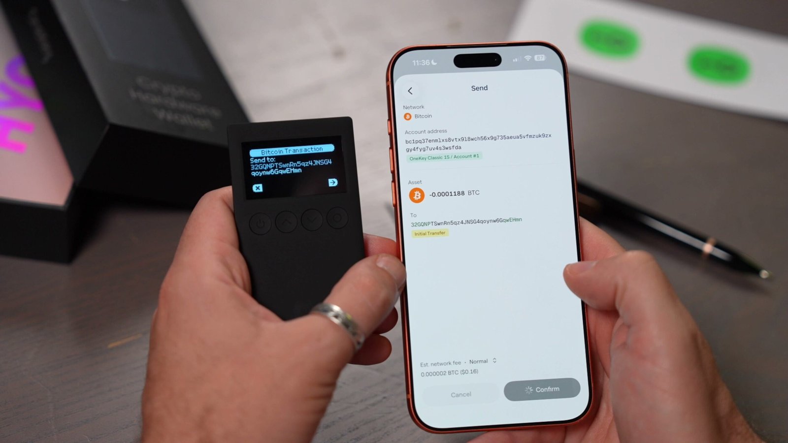 OneKey wallet sending Bitcoin transaction via phone app