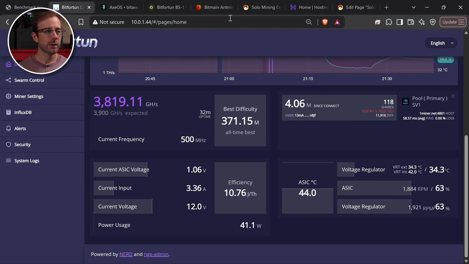 Bitfortun BS-1 mining dashboard with frequency and power metrics