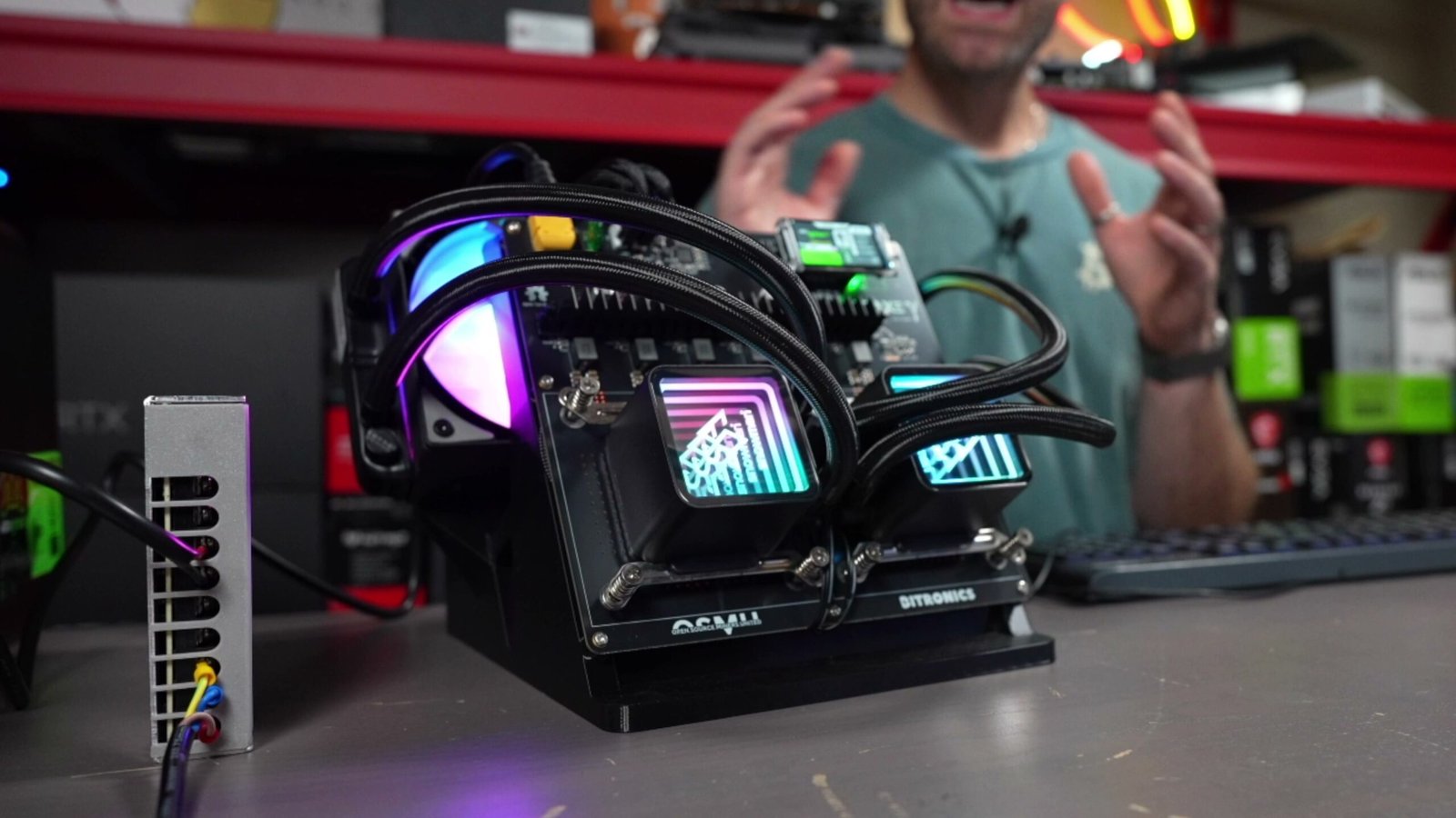 Fully illuminated mining rig with display screens active